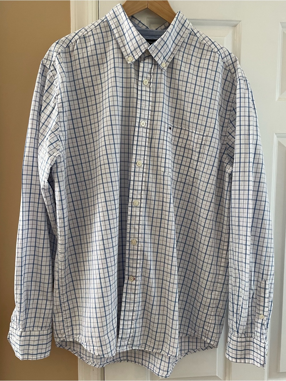 Tommy Hilfiger White Button-Down Shirt with Blue Windowpane Check XL